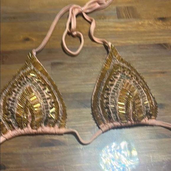 Luxurious Pink and Gold Triangle Swim Bra with Beadwork - Picture 7 of 8